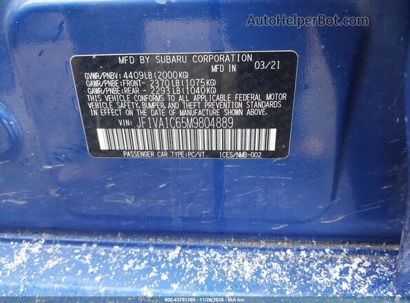 JF1VA1C65M9804889 2021 SUBARU WRX Blue 