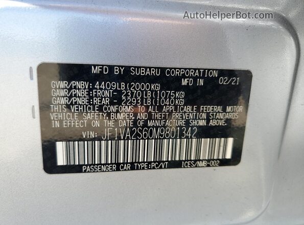 JF1VA2S60M9801342 2021 SUBARU WRX Silver Вид підкапотного простору