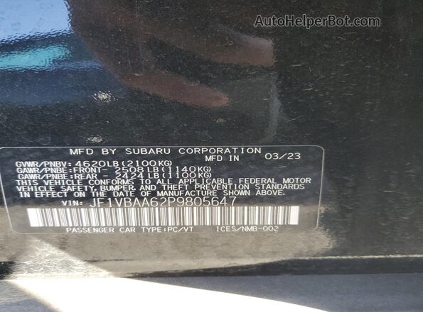 JF1VBAA62P9805647 2023 SUBARU WRX Black VIN კოდის სტიკერის ხედი