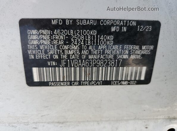 JF1VBAA63P9823817 2023 SUBARU WRX White Widok naklejki z numerem VIN