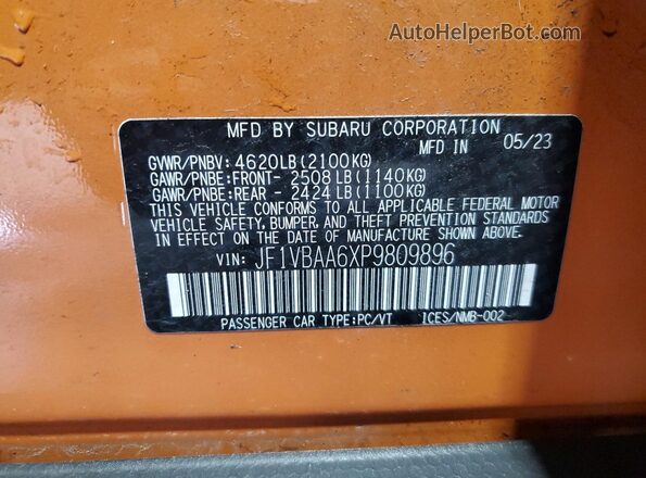 JF1VBAA6XP9809896 2023 SUBARU WRX Orange VIN կոդի պիտակի տեսք