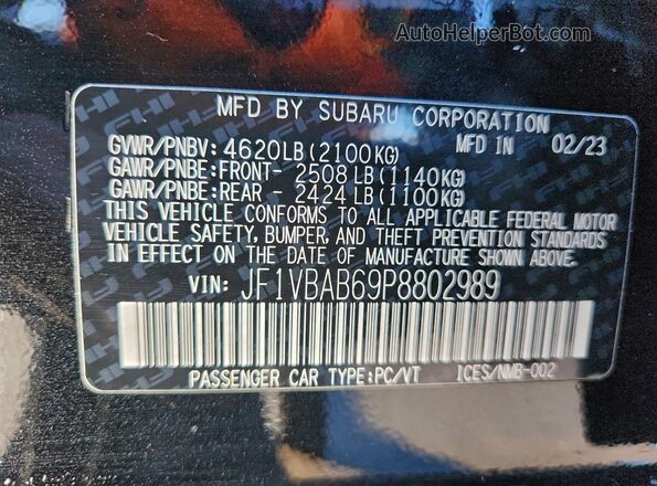 JF1VBAB69P8802989 2023 SUBARU WRX Black VIN კოდის სტიკერის ხედი