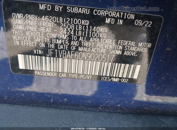 JF1VBAF60N9020517 2022 SUBARU WRX Blue ძრავის განყოფილების ხედი