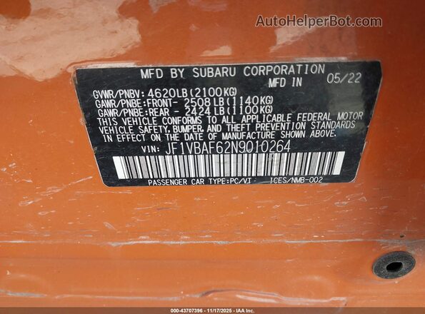 JF1VBAF62N9010264 2022 SUBARU WRX Orange Вид підкапотного простору
