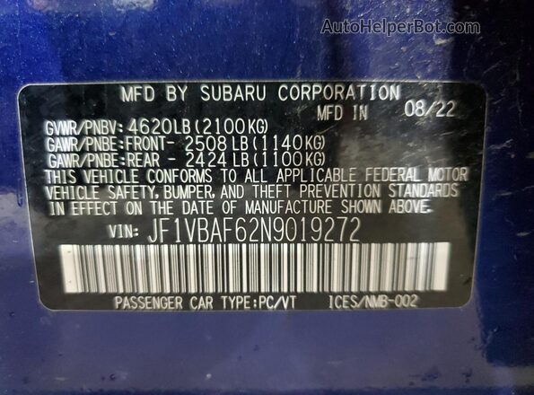 JF1VBAF62N9019272 2022 SUBARU WRX Синий Вид подкапотного пространства