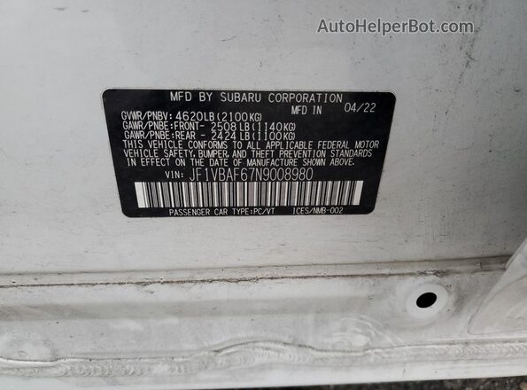 JF1VBAF67N9008980 2022 SUBARU WRX White VIN sticker view