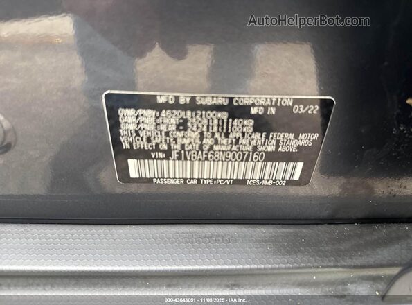 JF1VBAF68N9007160 2022 SUBARU WRX Gray Շարժիչի բաժամունքի տեսք