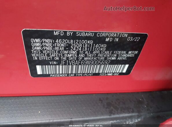 JF1VBAF69N9005692 2022 SUBARU WRX Red Vista del compartimento del motor