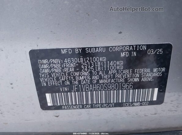 JF1VBAH60S9801966 2025 SUBARU WRX Silver Widok komory silnika