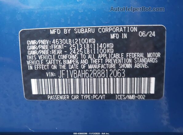 JF1VBAH62R8812063 2024 SUBARU WRX Blue Вид підкапотного простору