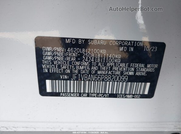 JF1VBAN66P8820099 2023 SUBARU WRX White ძრავის განყოფილების ხედი