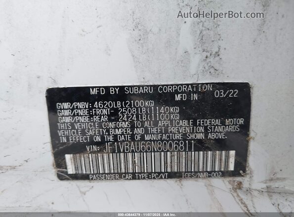 JF1VBAU66N8006811 2022 SUBARU WRX White Вид підкапотного простору