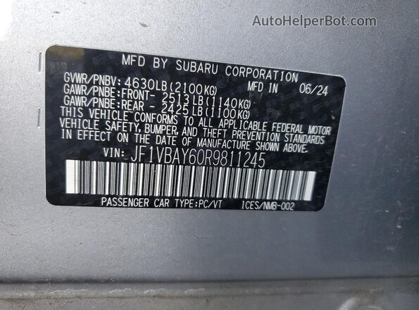 JF1VBAY60R9811245 2024 SUBARU WRX Silver VIN კოდის სტიკერის ხედი