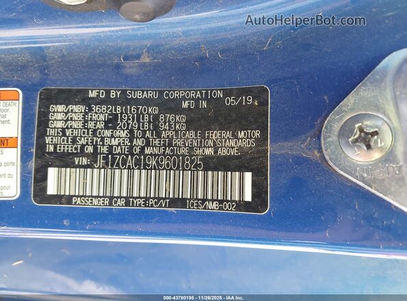 JF1ZCAC19K9601825 2019 SUBARU BRZ Blue ძრავის განყოფილების ხედი
