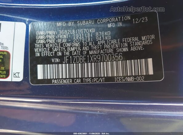 JF1ZDBE1XR9700356 2024 SUBARU BRZ Синий Вид подкапотного пространства