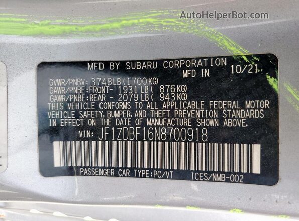 JF1ZDBF16N8700918 2022 SUBARU BRZ Silver VIN sticker view