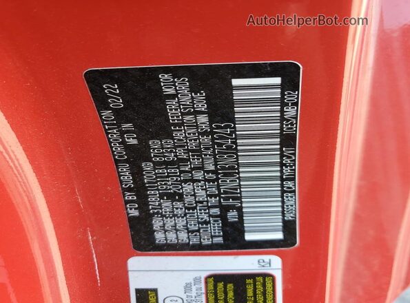 JF1ZNBC13N8754243 2022 TOYOTA GR Red Вид наклейки з VIN-кодом