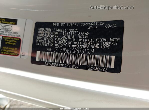 JF1ZNBE10R8761024 2024 TOYOTA GR86 Белый Вид подкапотного пространства