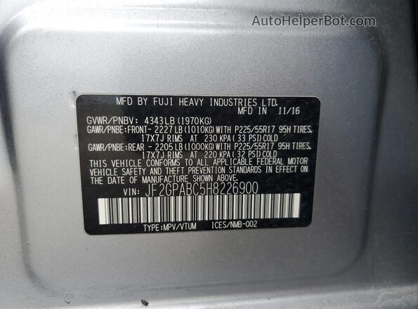 JF2GPABC5H8226900 2017 SUBARU CROSSTREK Silver VIN კოდის სტიკერის ხედი