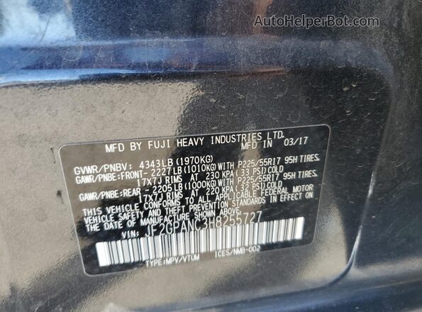 JF2GPANC3H8255727 2017 SUBARU CROSSTREK Black Vista de la etiqueta del VIN