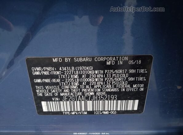 JF2GTAAC7JH352193 2018 SUBARU CROSSTREK Light Blue 