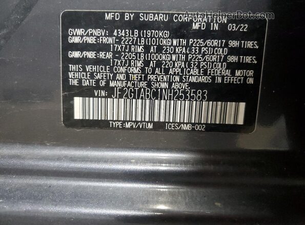 JF2GTABC1NH253583 2022 SUBARU CROSSTREK Gray Vista de la etiqueta del VIN