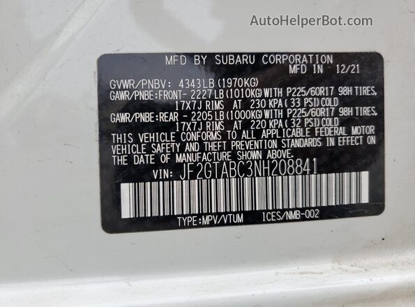 JF2GTABC3NH208841 2022 SUBARU CROSSTREK White Vista del compartimento del motor