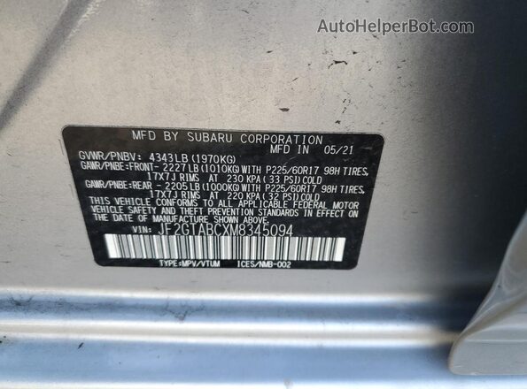 JF2GTABCXM8345094 2021 SUBARU CROSSTREK Gray VIN կոդի պիտակի տեսք