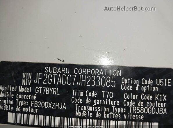 JF2GTADC7JH233085 2018 SUBARU CROSSTREK White 