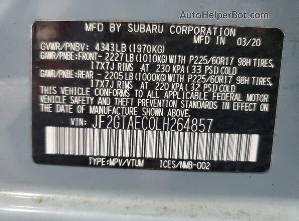 JF2GTAEC0LH264857 2020 SUBARU CROSSTREK Gray Widok wnętrza 360 stopni