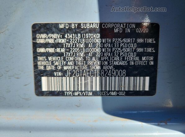 JF2GTAEC1L8249008 2020 SUBARU CROSSTREK Серый Вид наклейки с VIN-кодом