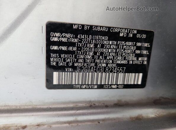 JF2GTAEC3L8234557 2020 SUBARU CROSSTREK Silver Вид наклейки з VIN-кодом