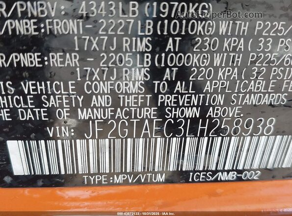 JF2GTAEC3LH258938 2020 SUBARU CROSSTREK Orange Вид підкапотного простору