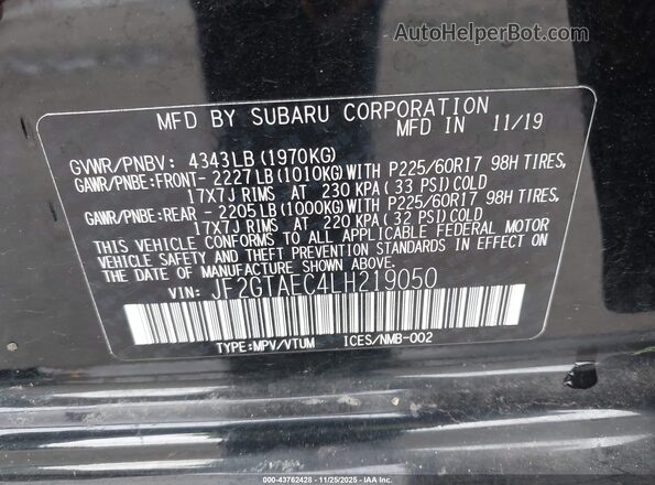 JF2GTAEC4LH219050 2020 SUBARU CROSSTREK Black Vista del compartimento del motor