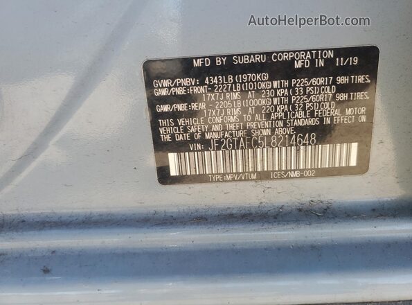 JF2GTAEC5L8214648 2020 SUBARU CROSSTREK Blue ძრავის განყოფილების ხედი