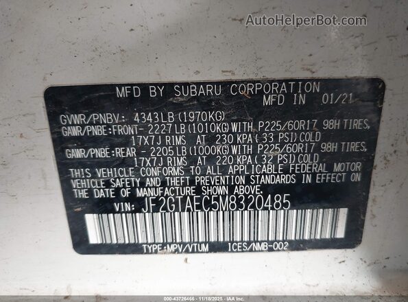 JF2GTAEC5M8320485 2021 SUBARU CROSSTREK White 