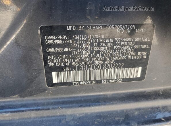 JF2GTAECXL8202222 2020 SUBARU CROSSTREK Gray Widok naklejki z numerem VIN