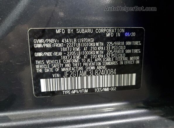 JF2GTAMC3L8240084 2020 SUBARU CROSSTREK Gray Widok naklejki z numerem VIN