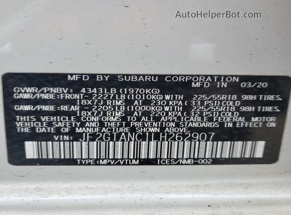JF2GTANC1LH262907 2020 SUBARU CROSSTREK White სალონის 360-გრადუსიანი ხედი