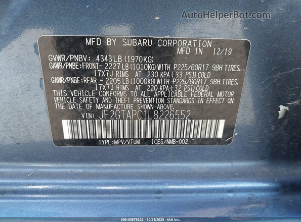 JF2GTAPC1L8226552 2020 SUBARU CROSSTREK Blue Vista del salpicadero