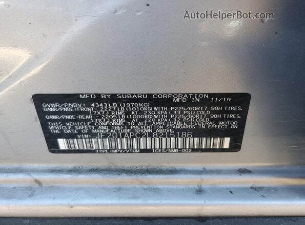 JF2GTAPC2L8215186 2020 SUBARU CROSSTREK Silver VIN կոդի պիտակի տեսք