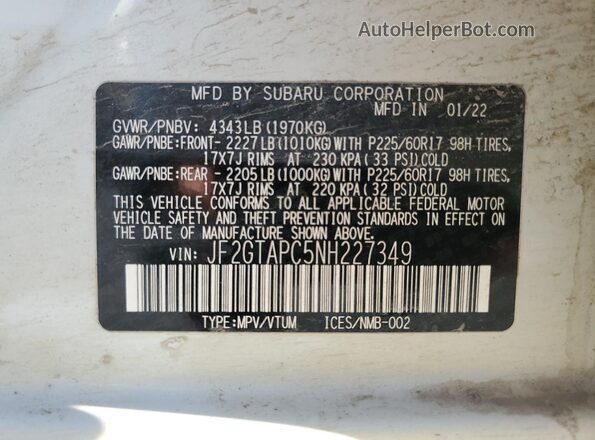 JF2GTAPC5NH227349 2022 SUBARU CROSSTREK White Vista interior de 360 grados