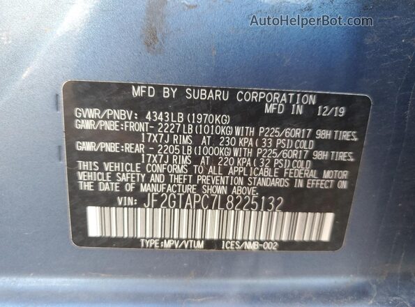 JF2GTAPC7L8225132 2020 SUBARU CROSSTREK Blue ძრავის განყოფილების ხედი