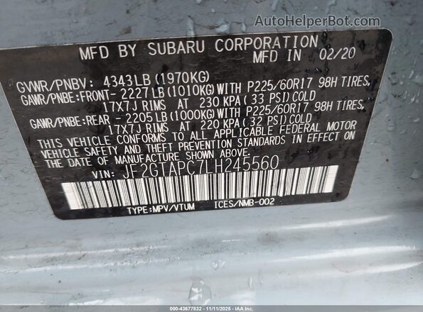 JF2GTAPC7LH245560 2020 SUBARU CROSSTREK Blue Vista del compartimento del motor