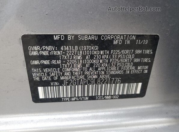 JF2GTAPC9L8221776 2020 SUBARU CROSSTREK Silver Widok naklejki z numerem VIN