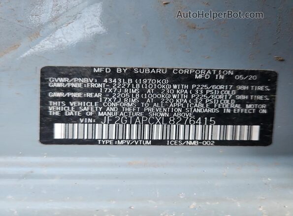 JF2GTAPCXL8276415 2020 SUBARU CROSSTREK Blue 360 interior view