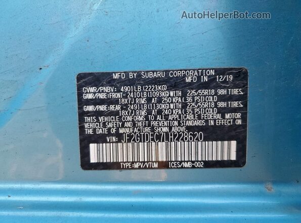 JF2GTDEC7LH228620 2020 SUBARU CROSSTREK Blue სალონის 360-გრადუსიანი ხედი