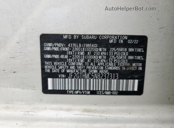 JF2GTHMC5N8237313 2022 SUBARU CROSSTREK White VIN კოდის სტიკერის ხედი