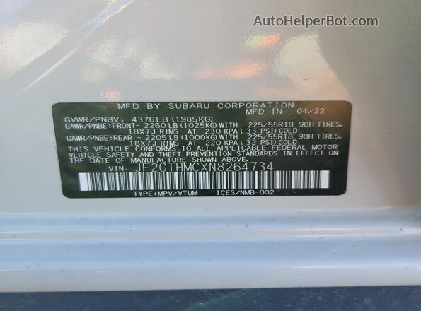 JF2GTHMCXN8264734 2022 SUBARU CROSSTREK White Vista de la etiqueta del VIN