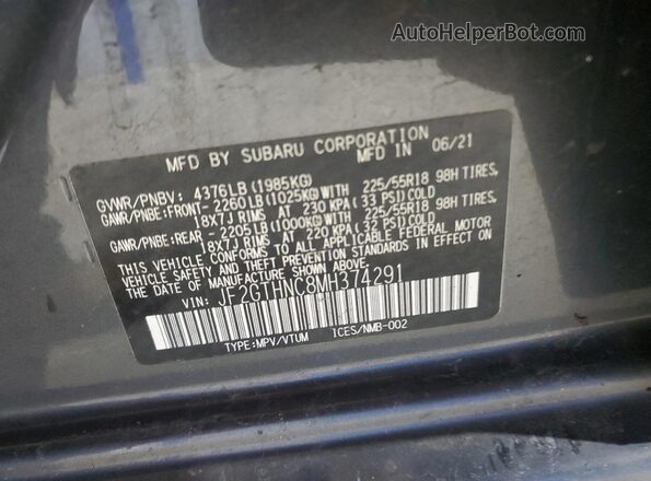 JF2GTHNC8MH374291 2021 SUBARU CROSSTREK Gray 